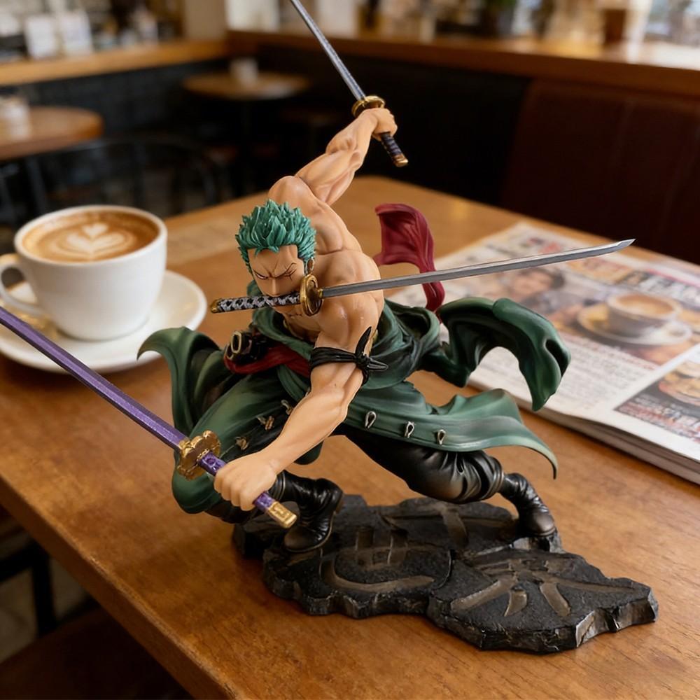 One Piece Roronoa Zoro Figure! Three Sword Style Battle Pose with Muscle Detail，Stunning Zoro Action Figure, Perfect Desk Decor for Otakus，Roronoa Zoro Three Sword Style Statue