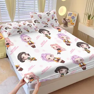 3Pcs K-pop Anime Chibi Fitted Sheet Set with 2 Pillowcases, Cute Cartoon Girl Print, Soft & Cozy All-Season Bedding for Teens & K-pop Fans, Elastic Mattress Cover for Bedroom & Dorm Decor