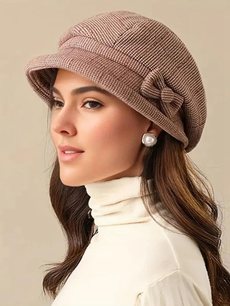 Women's Elegant Plaid Pattern Bow Decor Beret, Casual Trendy Matching Hats for Fall & Winter, Fashion Accessories for Women & Girls