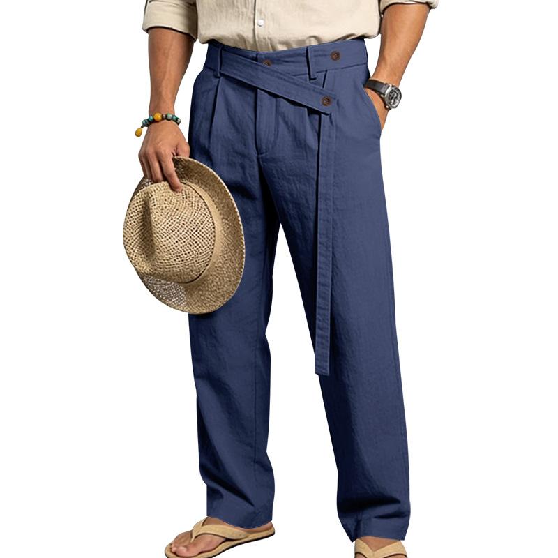 Men's 2026 Spring Summer Plain Linen-Cotton Fabric Wide Leg Trouser, Irregular Cross Buckle Waist, Loose Fit for Big-Tall Menswear, Ideal for Beach Vacation & Daily Commute (Polyester-Blended Option Available)