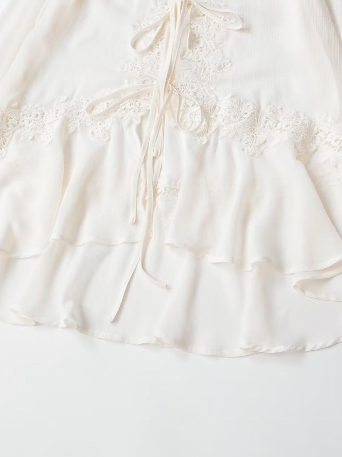 Elegant French Lace Chiffon Loose Top Blouses, Drawstring Ruffle, Deep V Neck, Beach Vacation Overshirt, Floral Embellished, Rice