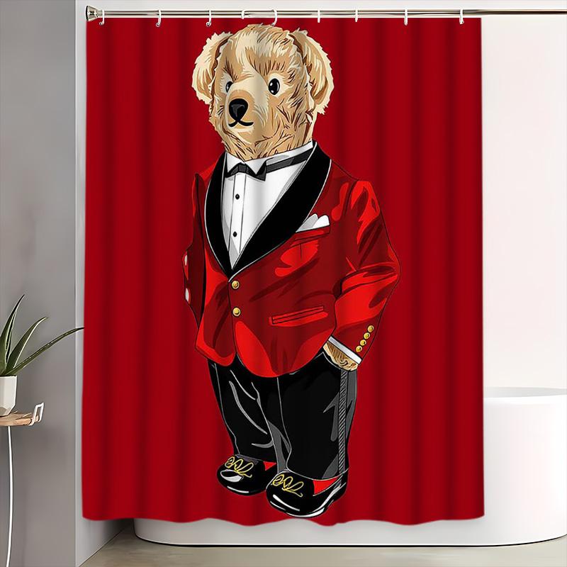 Vintage Bear Polo Shower Curtain Set, Home Bathroom Gift, Includes 12 Hooks, Non-Slip Bath Mat, U-Shaped Toilet Lid Pad