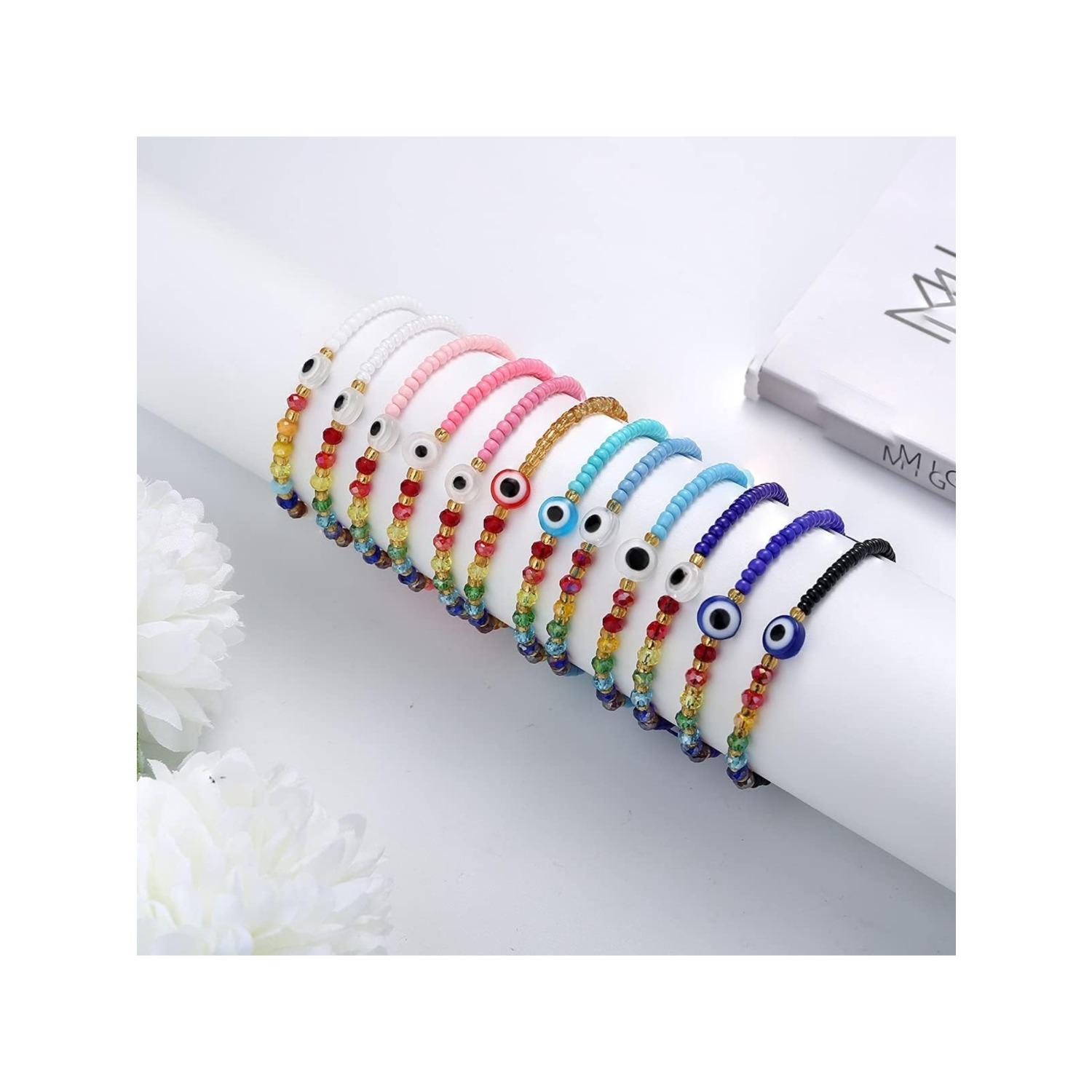 12Pcs Colorful Beaded Evil Eye Bracelets for Women Men Handmade Black Red Adjustable Ojo Bracelets Good Luck Protection Bracelet Jewelry Gift for Friends Family