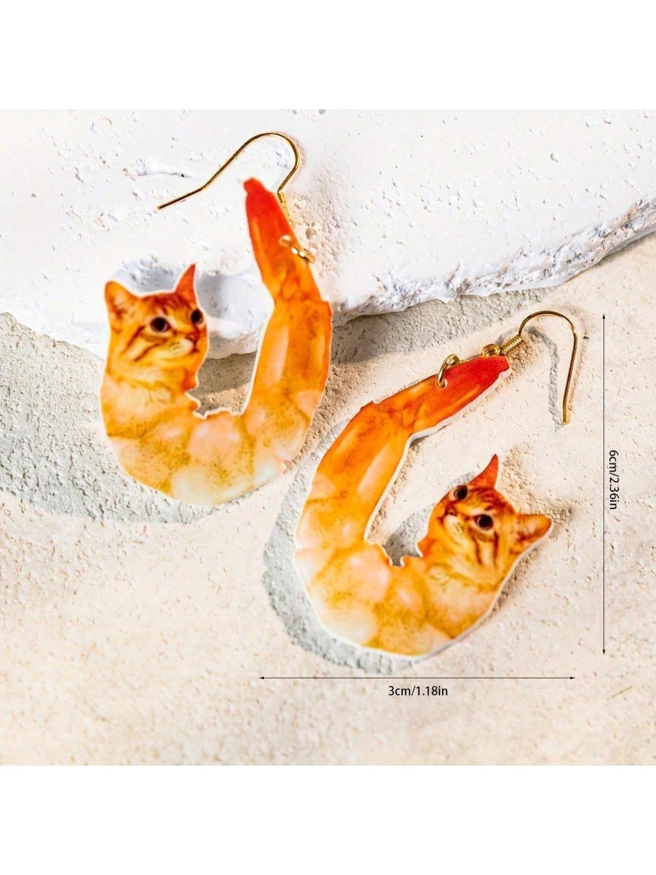 a pair of acrylic pendant earrings, cat shaped shrimp earrings - bright orange yellow pendant earrings, lightweight holiday women's jewelry, beach party and carnival gifts, tropical style earrings, vacation accessories