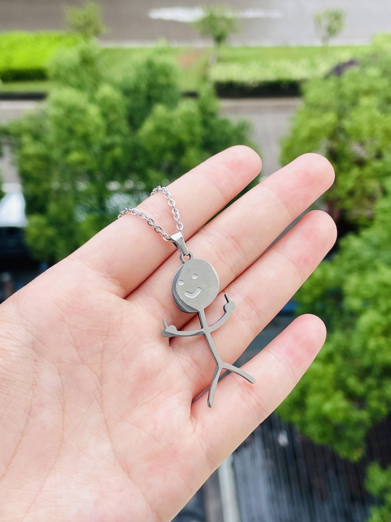 Funny Middle Finger Stick Figure Necklace, Fun and Unique, Unisex Accessory, or Silver Color, Trendy and Cool