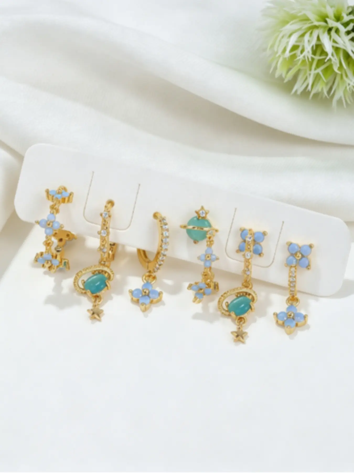 6-Piece Copper Earring Set, Zircon Blue Imitation Opal Star Dangle Earrings, Stackable Flower Studs, Elegant Jewelry for Women