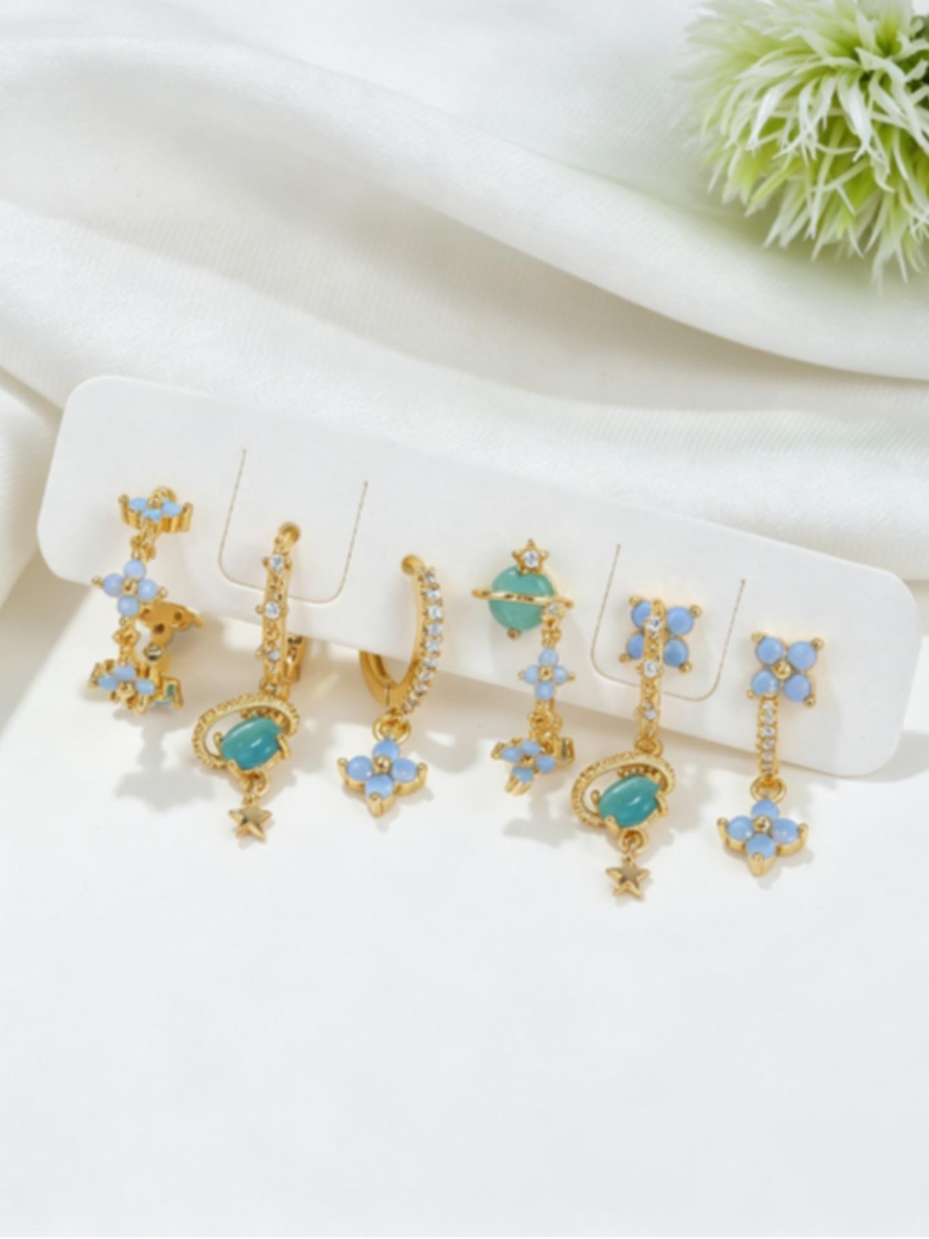 6-Piece Copper Earring Set, Zircon Blue Imitation Opal Star Dangle Earrings, Stackable Flower Studs, Elegant Jewelry for Women