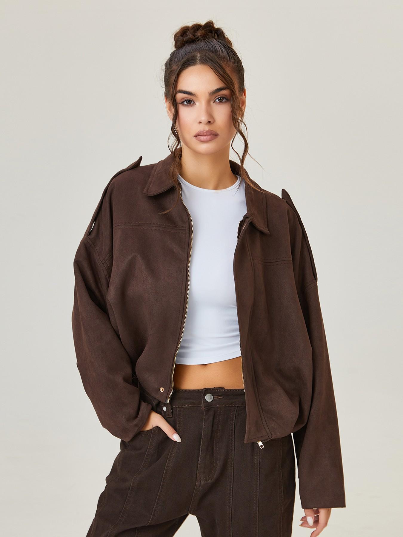 Women's Faux Suede Cropped Casual Jacket, Lapel Collar Loose Drop Shoulder Zip Up Casual Outerwear