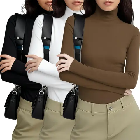 Women's 3-Piece Essential Thermal Crop Tees - Soft, Lightweight, Breathable Long-Sleeve High-Neck Casual Basic Tops with Ruched Front, Slim Cut for Loungewear, Layering Under Jackets