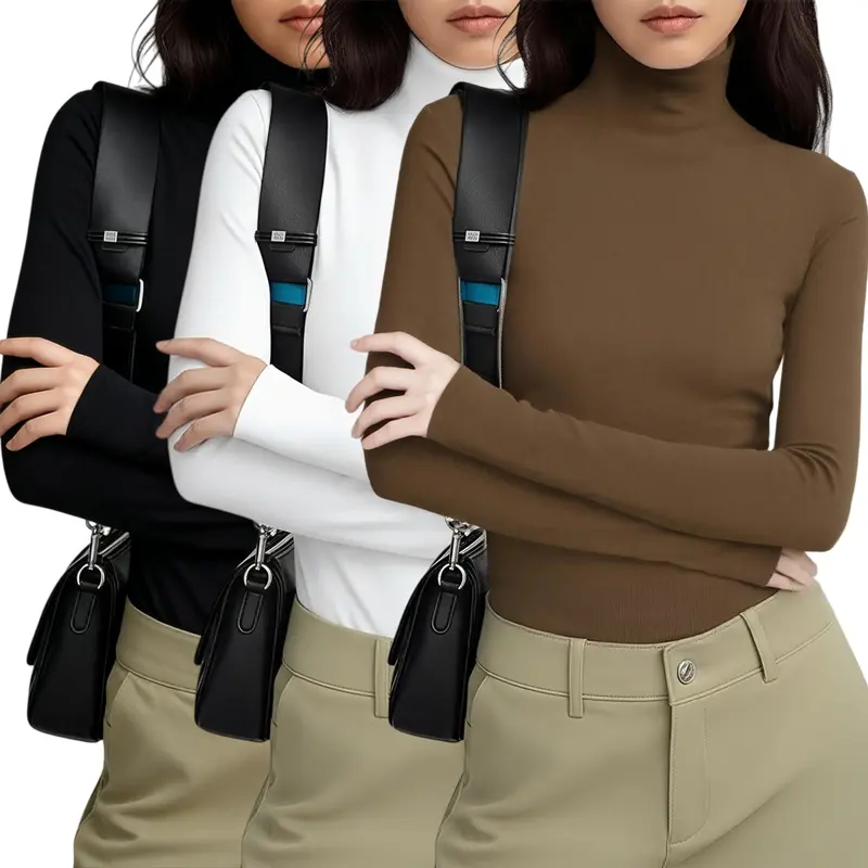Women's 3-Piece Essential Thermal Crop Tees - Soft, Lightweight, Breathable Long-Sleeve High-Neck Casual Basic Tops with Ruched Front, Slim Cut for Loungewear, Layering Under Jackets