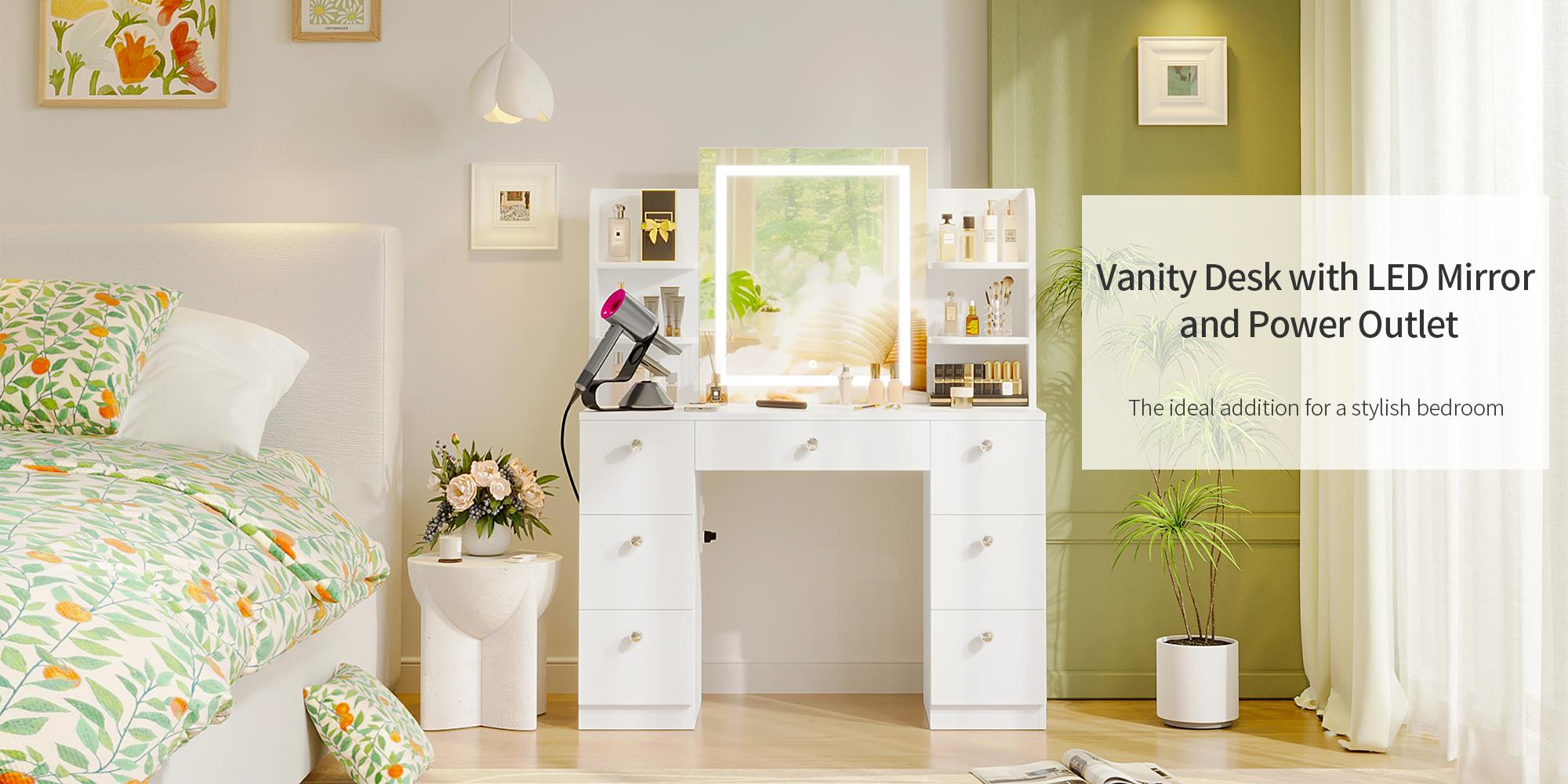 VOWNER Modern Makeup Vanity Table Set with 3-Color LED Mirror 7 Drawers & Power Strip for Bedroom & Bathroom 43-Inch White Dressing Table