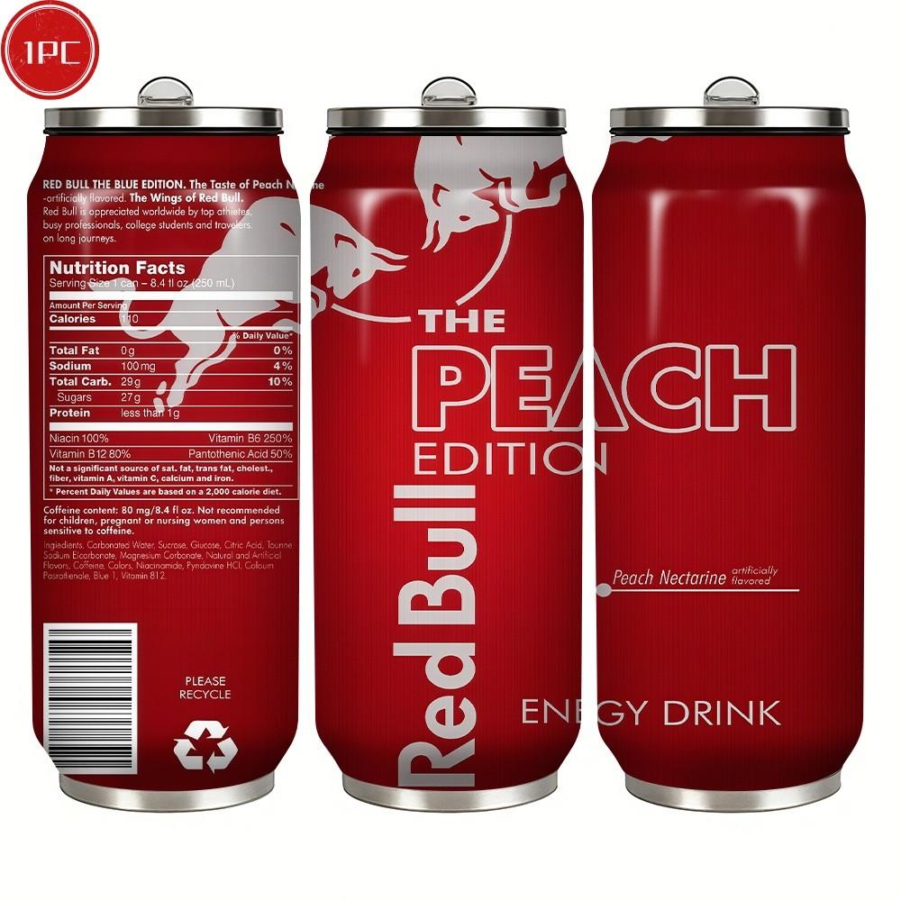 1pc 17oz Red Bull Peach Edition Vacuum Insulated Mug, Portable Stainless Steel Cup with Lid, Ideal Sports & Coffee Mug for Family Friends, Great for Camping, Outdoor & Holiday Gifts