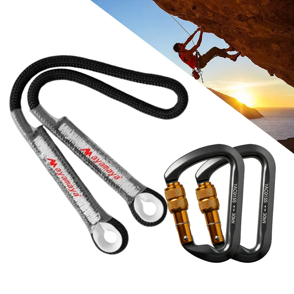 Nylon Prusik Loop Climbing Rope (30/45in) - Portable Ropes, Cords & Webbing Climbing Gear with 1/2in Screw Gate Carabiner for Escape, Camping