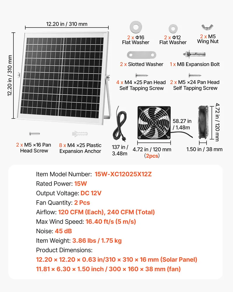 VEVOR Solar Powered Fan with 15W Output Solar Panel, 2 Fans, Adjustable Angle, 2668 RPM High-Speed, Brackets Screws for Roof-Wall-Ground Installation, Metal Guard, 3.86 lbs, 11.81x6.30x1.50 in (300x160x38 mm), Fast Air Exchange for Greenhouses