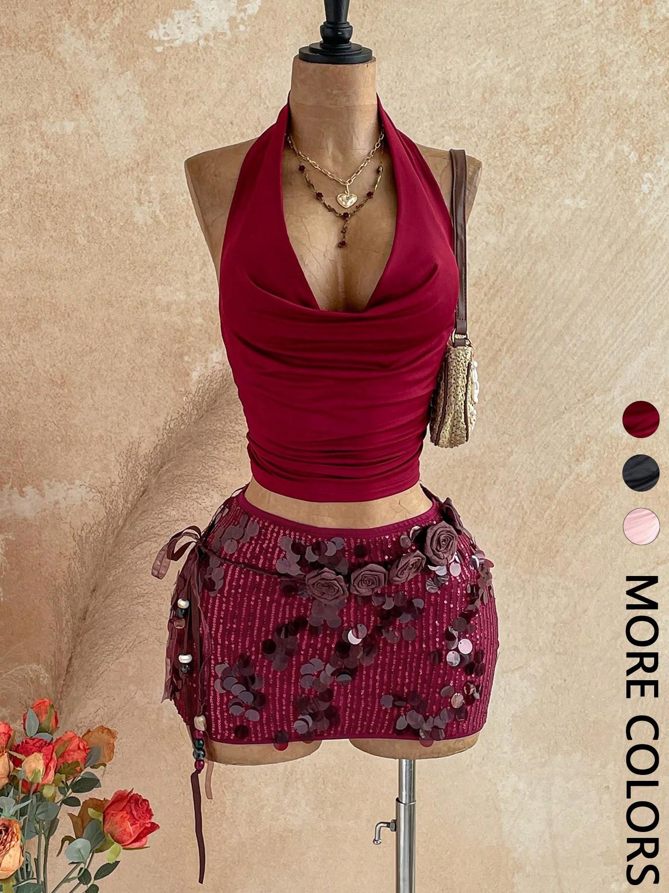 Elegant Party Set, Halter Neck Top & Sequin Rhinestone Mini Skirt, 2-Piece Ensemble for Special Occasions