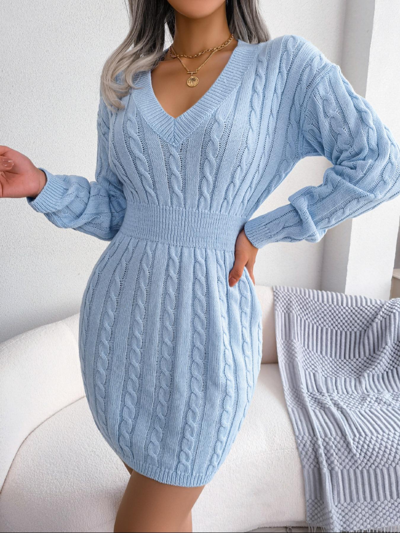 Women's Basic Comfort Solid Textured Drop Shoulder Sweater Dress, Lady's Lady Long Sleeve V Neck Cable Knit Dress, Casual Chic Dress