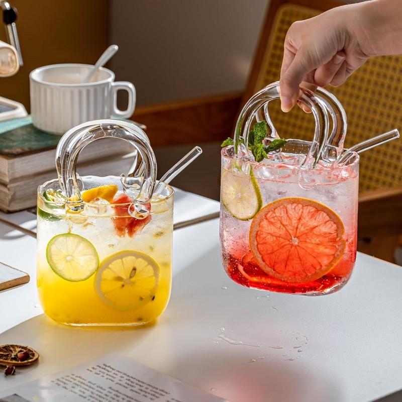 1 Count Glass Purse for Drinks, Stylish Drinkware,Unique Thick Wine Glasses Gifts ,Fish Bowl Vase,Creative Drinking Glass for Fruit Juice,Tea,Coffee,Flowers,Unique Wedding Anniversary or Birthday Gift