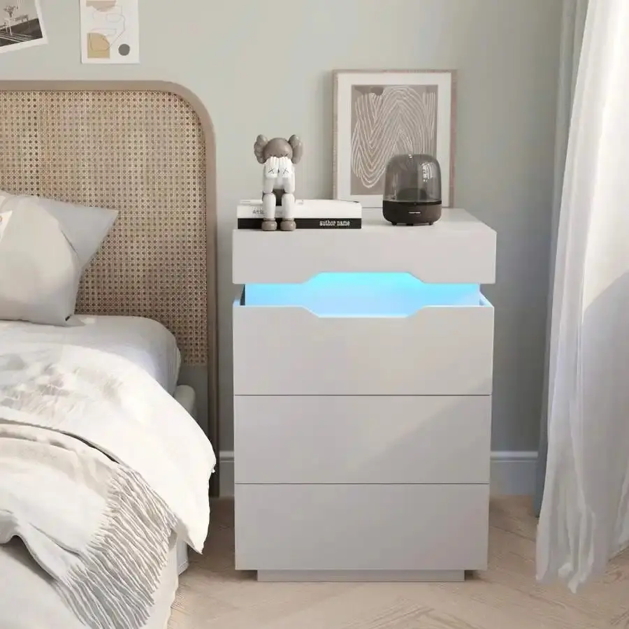 Nightstand  Charging Station, Side   LED Lights,    Plug Outlets, 2 USB Ports,    2 Drawers And Top Storage Space, 20 RGB Colors Lighting with Table bedside Mobile Standing Desk Wheels dining Marble