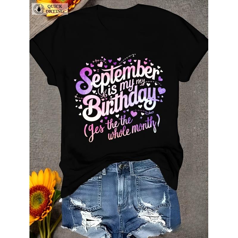 Cotton Knit Crew Neck Graphic Tees - September Birthday-Themed Top with Colorful Lettering, Geometric Hearts-Stars Pattern, Ideal for Birthday Party & Casual Sportswear