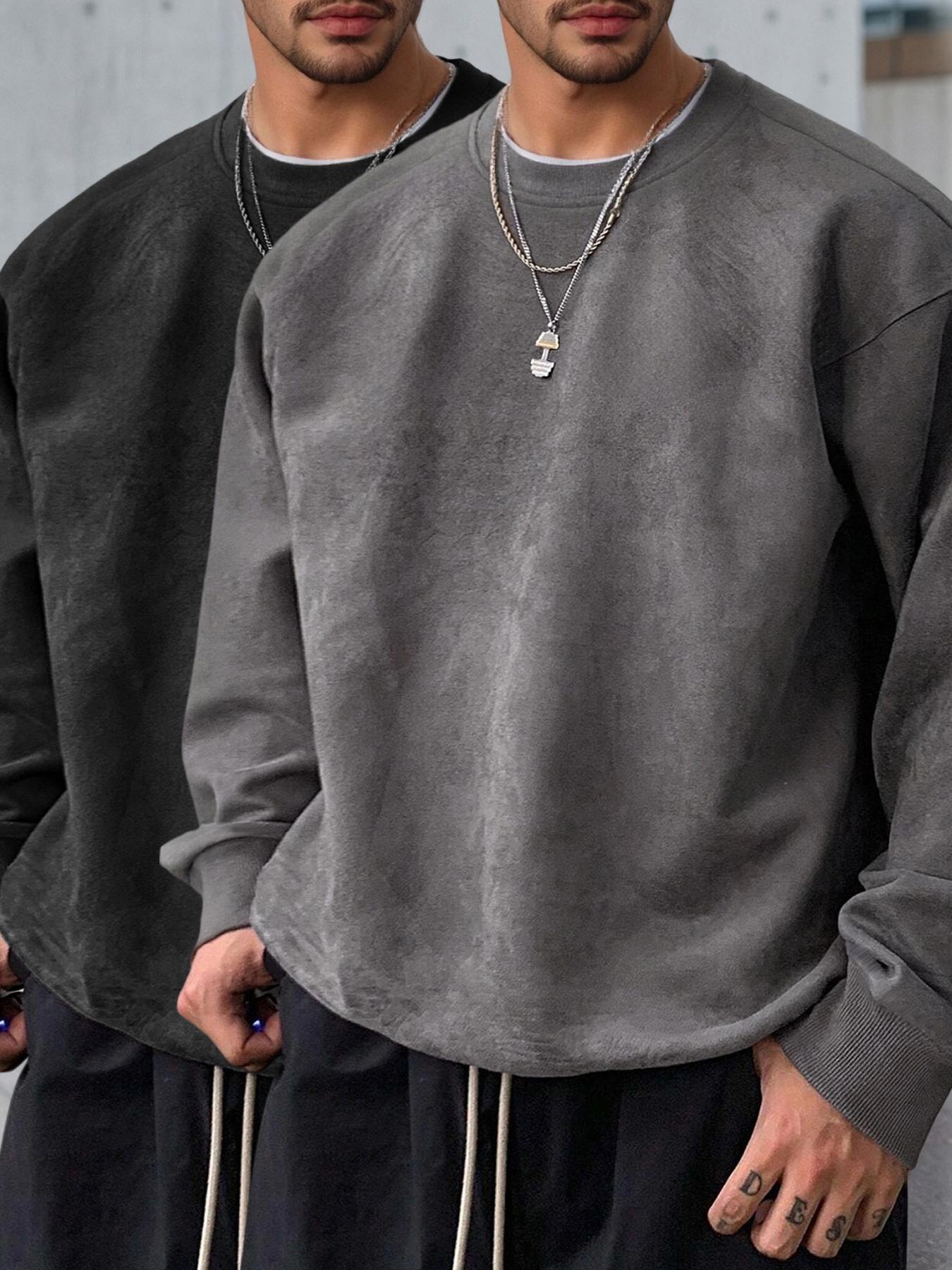 Men's Solid Color Plain Round Neck Drop Shoulder Long Sleeve Fleece Sweatshirt, Casual Fit for Fall & Winter, Comfortable Daily Wear