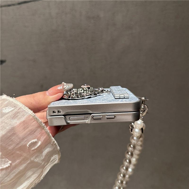 Korean Cute Heart Mirror Stand Phone Case For Samsung Galaxy Z Flip 7 6 5 4 3 Flip6 Flip7 Cover with Chain Denim Cute Cases Capa