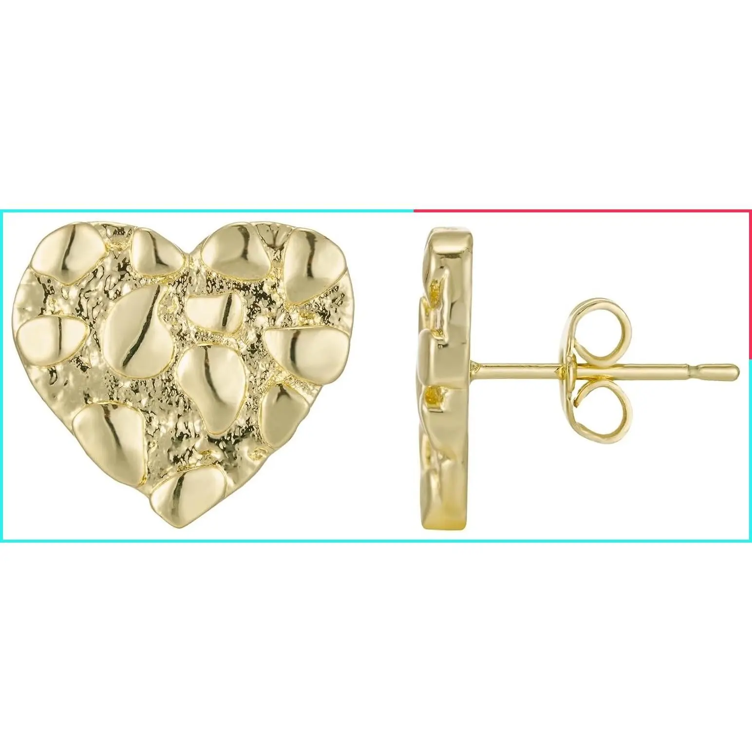 14K Gold Rough Textured Heart-Shaped Nugget Stud Earrings for Women