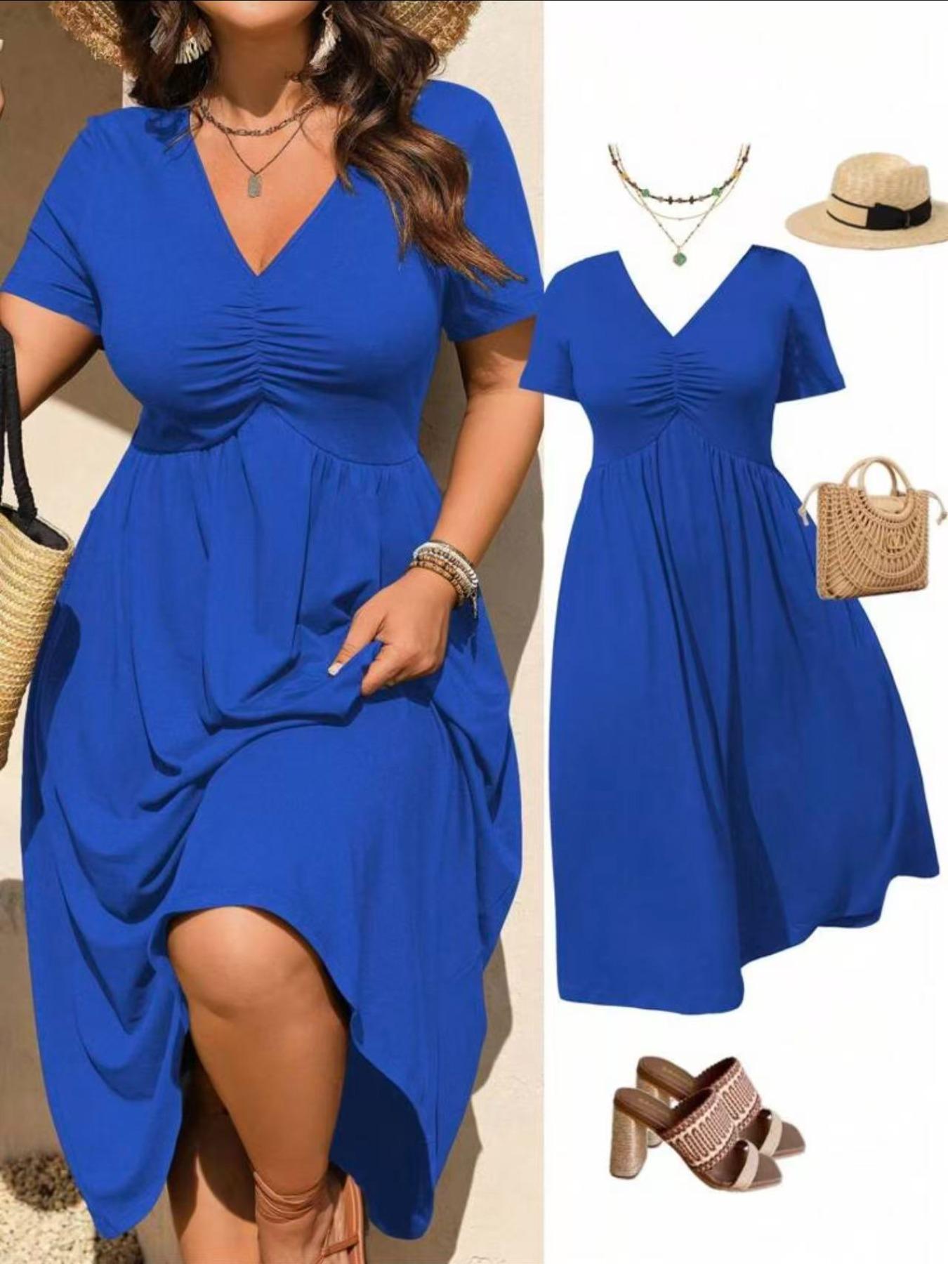 Plus Size V-Neck Ruched Fitted Bra Top Short Sleeve Midi Dress, Casual Summer Flowy A-Line Skirt, Women's Fashion Clothing