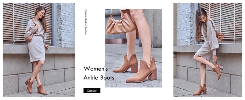 Coutgo Womens Pointed Toe Stacked Mid Heel Ankle Boots V Cut Back Zipper Faux Leather Booties