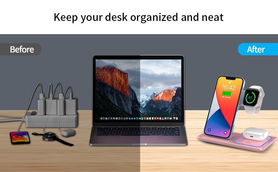 VEEROON 3-in-1 Wireless Charging Station - Multifunctional Fast Charging Magnetic Wireless Charger Stand with Type-C Port - Electronic Fast Charging Station for iPhone, Apple Watch & AirPods