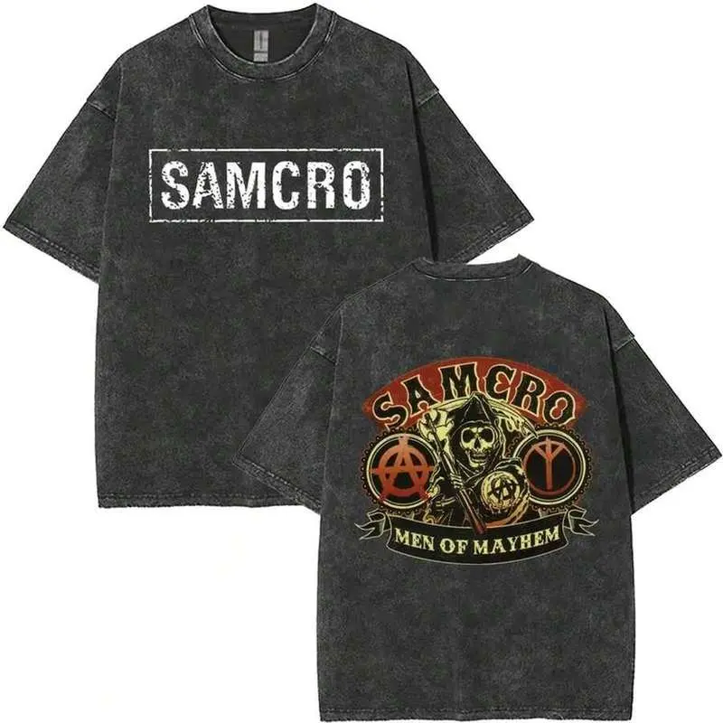 Anarchy Son Samcro Vintage Wash T-Shirt Men's And Women's Skeleton Hip Hop Rock Women's&Men's T shirt Vintage Washed Graphic Tee Local Tops |   Soft Heavyweight Graphic Tee,Unisex T shirt Daily Holiday Shirts