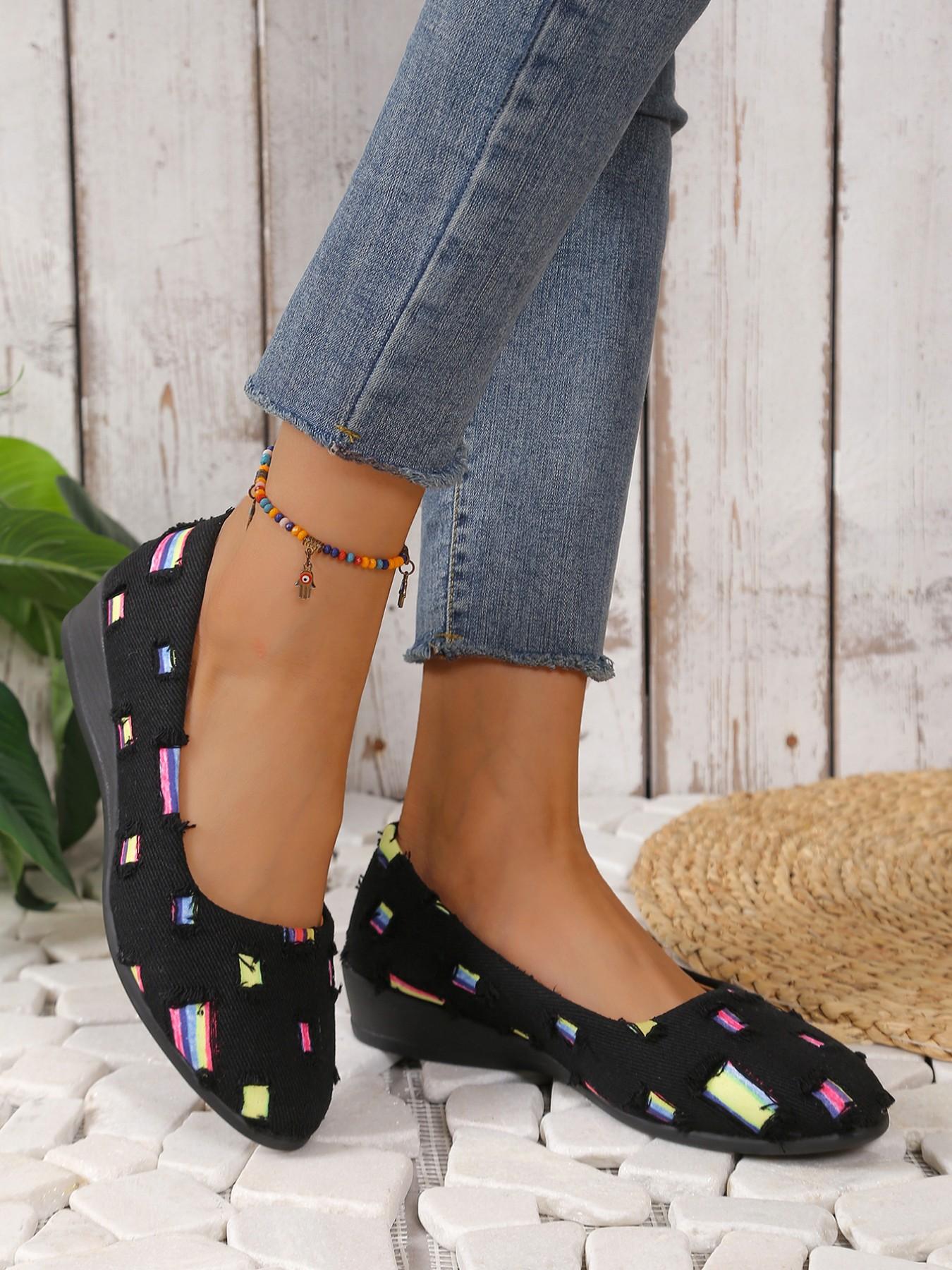 Women's Vintage Ripped Denim Wedge Sandals, Ditsy Floral Textile Upper, Rubber Sole, Casual All-Season Footwear, Breathable & Slip-On