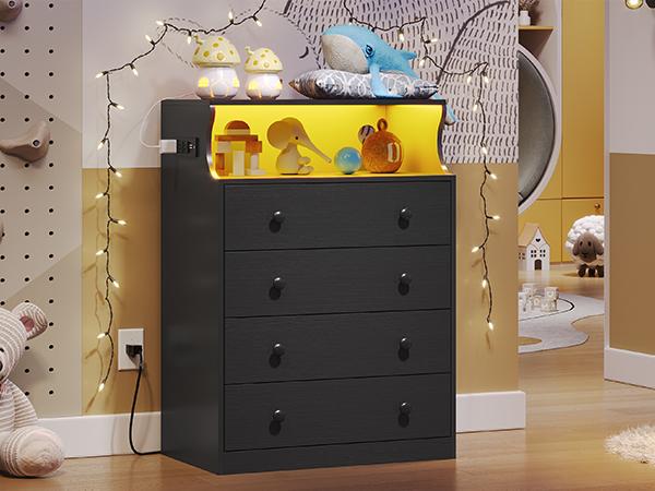 Hasuit Black Dresser with Charging Station, 4 Drawers LED Dresser for Bedroom, Chest of Drawers with Open Space, Large Capacity Tall Storage Cabinet, Black Dressers for Bedroom