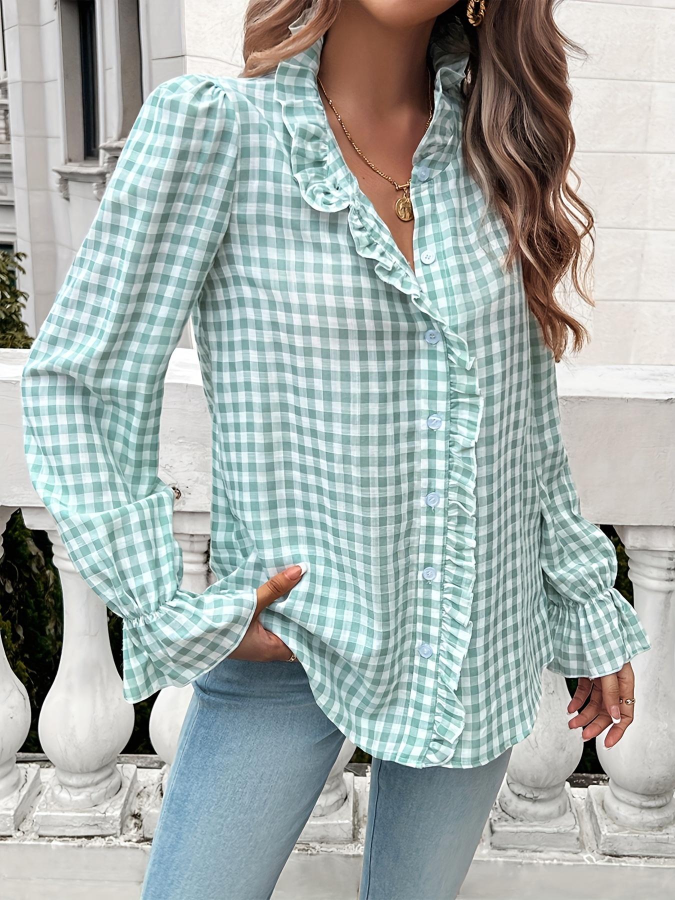 ZAFUL Women's Fashion Plaid Button-Down Shirt - Long Sleeves, Ruffle Detail, Light Blue and White Plaid Pattern, Professional Business Look, Machine Washable