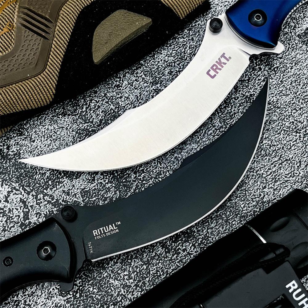 Two colored 7471 best-selling folding knives, featuring 8Cr13Mov steel blades and handles crafted from ebony wood and resin. Portable, practical pocket knives, Survival tools, ideal for outdoor camping, hiking, fishing