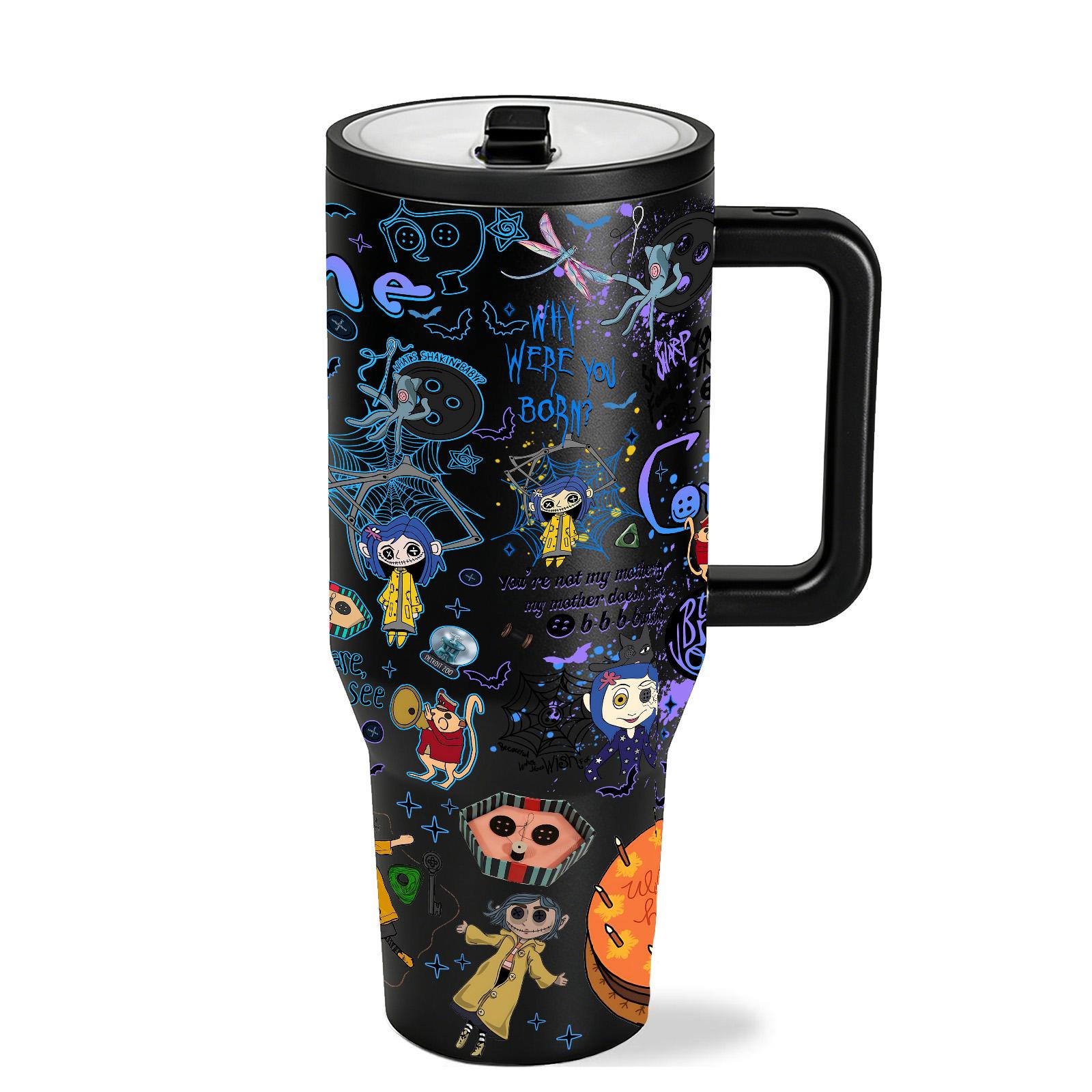 1pc 40oz Stainless Steel Tumbler with Lid & Straw, Coraline Dark Fantasy Style, Vacuum Insulated Thermal Cup, Keep Hot 12H / Cold 24H, Travel Mug, Insulated Water Bottle, Gift for Horror Aesthetic & Animation Enthusiasts