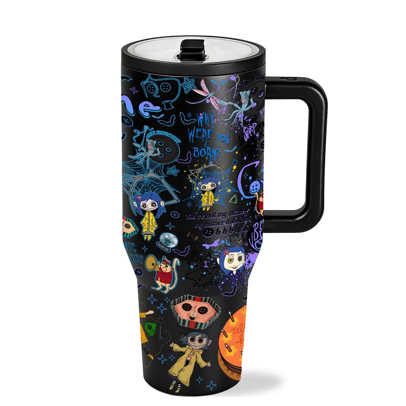 1pc 40oz Stainless Steel Tumbler with Lid and Straw, Coraline Dark Fantasy Cartoon Style, Vacuum Insulated Thermal Cup, Keep Hot 12H / Cold 24H, Creepy Cute Travel Mug for Movie Fans, Unique Gift for Horror Aesthetic Lovers and Animation Enthusiasts