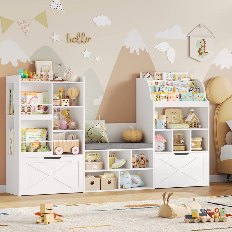 FOTOSOK Kids Bookshelf with Reading Nook, 75" W Kids Toy Storage Organizer with 2 Large Movable Drawers, Kid Bench for Playroom Kids Room Living Room