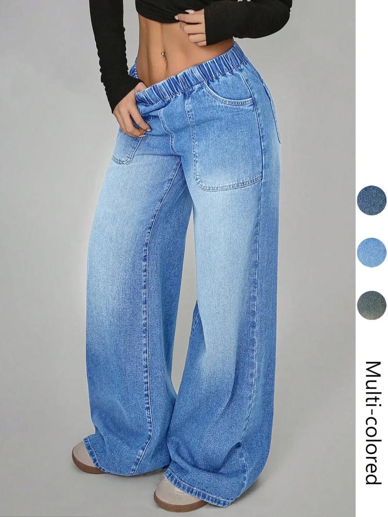 Women's High Waisted Casual Pants, Loose Wide Leg Jeans with Pockets, Elastic Waist, Button Front, All Seasons, Daily Wear