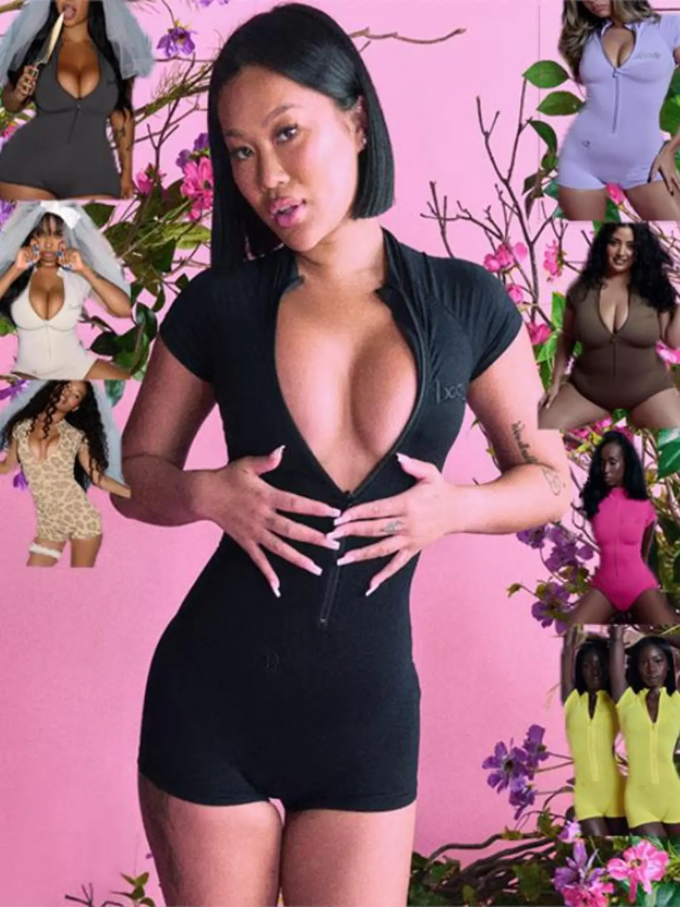 Y2K Style Zipper Tight Jumpsuit, Short Sleeve Sporty One-Piece, Stand Collar Gym Wear, Casual Solid Pattern, Unlined Plain Surface