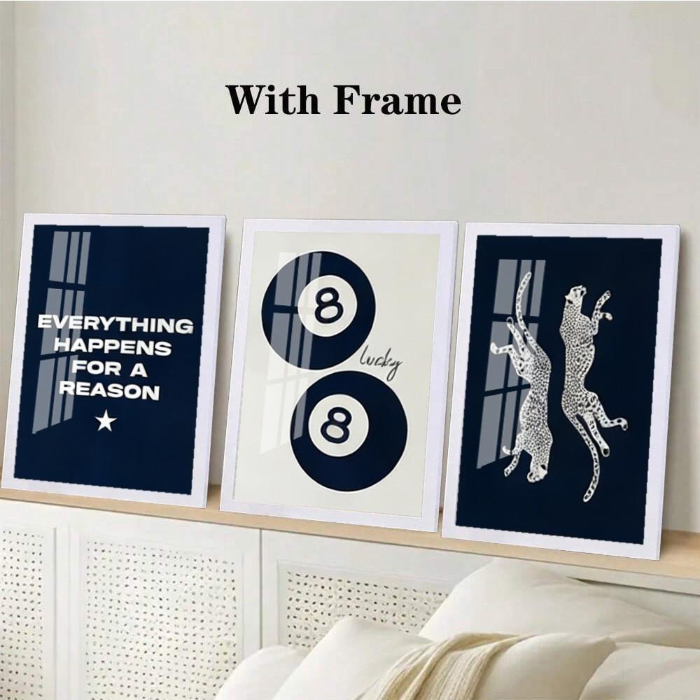 3-Piece Optional Wooden Frame Retro Navy Blue Leopard 8 Ball Animal Print Decor High Precision Color Micro-spray Moisture-proof Scratch-resistant Home Bar Living Room Decor