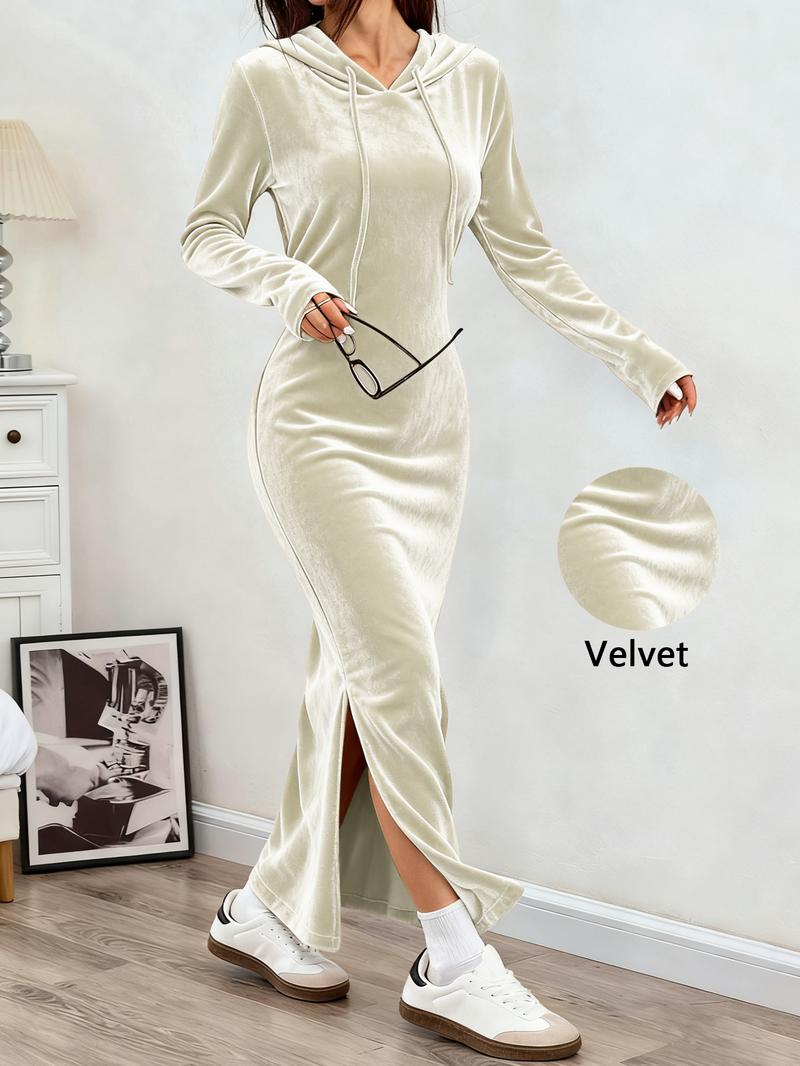Women's Hooded Slim-Fit Long-Sleeve Dress with Drawstring, Ladies' Casual Fall and Winter Fashion Dress for Daily Wear