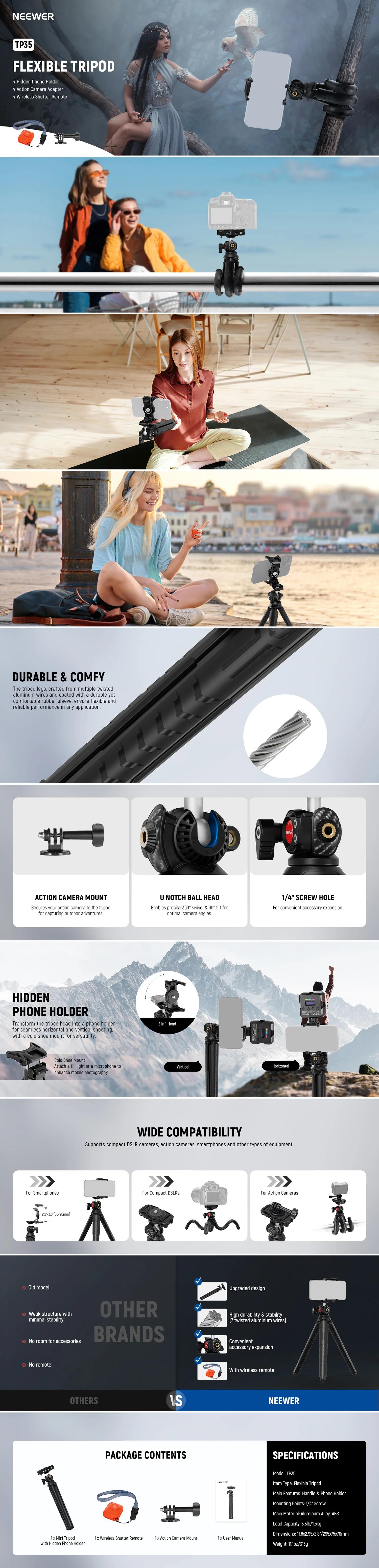 NEEWER TP35 Flexible Mini Tripod with Remote