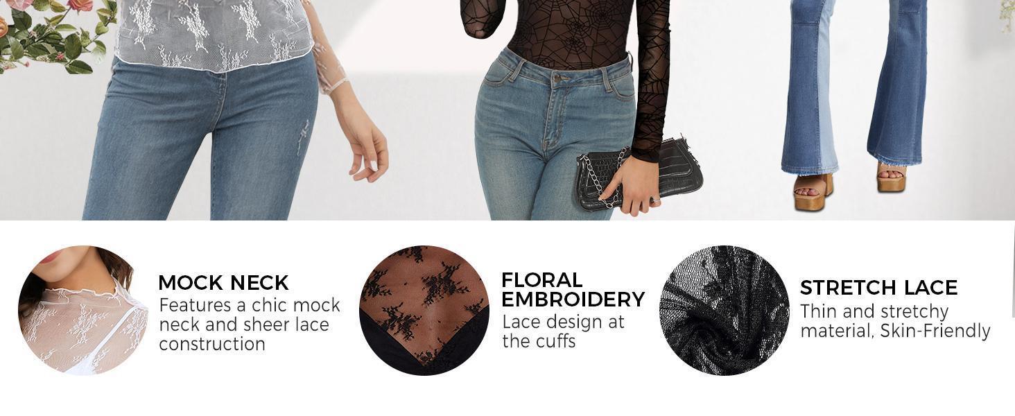 Women's 3-Pack Comfortable Lightweight Sheer Floral Embroidered Lace Long Sleeve Mock Neck Blouse Outfits, Black+White+Coffee, Polyester Edit Style Layering Lace Top for Camping & Outdoor Activities