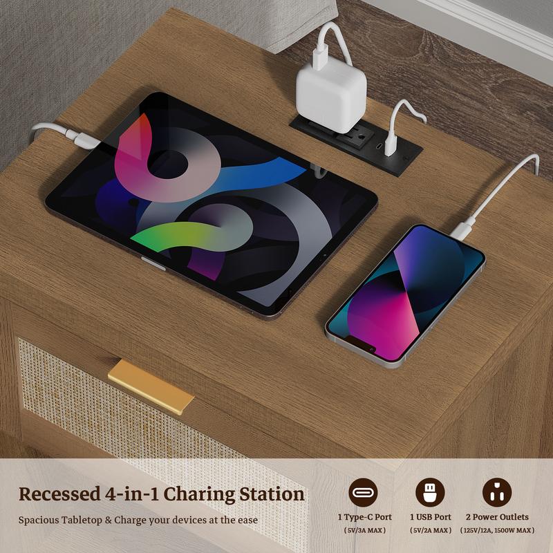 SICOTAS Rattan Nightstand Set of 2, 15"x 19.7"x 25.2" Size Farmhouse Night Stands with Charging Station Bedside Table with Drawer, Boho Bed Side End Table with USB and Type-C Ports for Small Space Bedroom Living Room, Easy Charging SICOTAS Rattan Nightstand Set of 2, 15"x 19.7"x 25.2" Size Farmhouse Night Stands with Charging Station Bedside Table with Drawer, Boho Bed Side End Table with USB and Type-C Ports for Small Space Bedroom Living Room, Easy Charging