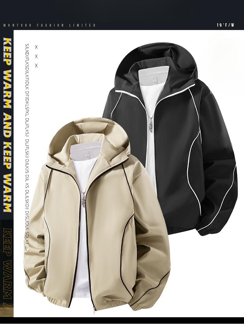 Fashion Men Lightweight Hooded Windbreaker Jacket, Stylish Contrast Curved Piping Design, Relaxed Loose Fit, Minimalist All-Match Windproof Outer Coat Perfect For Spring Autumn Street Looks