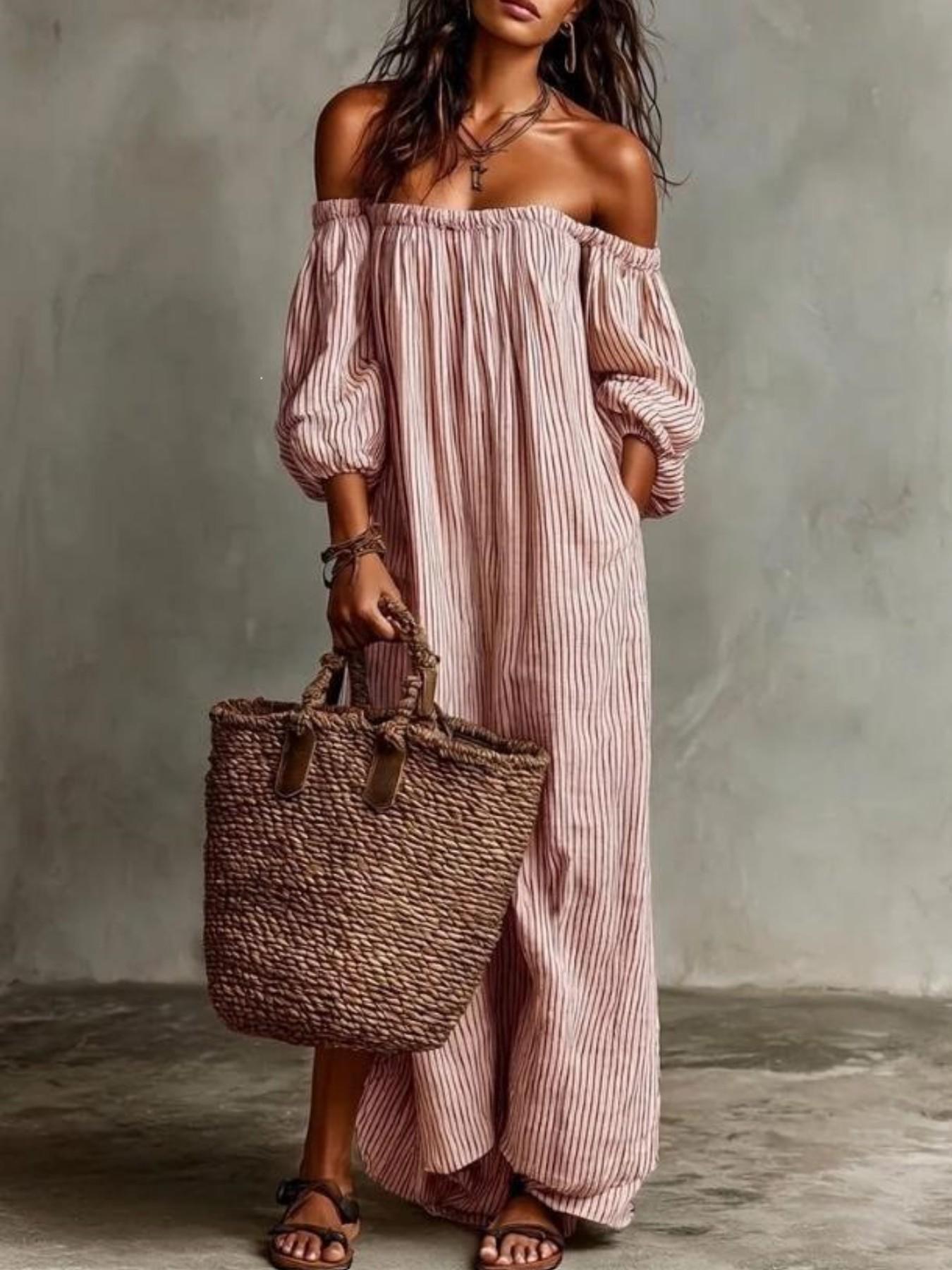 Women's Vintage Striped One-Shoulder Long Dress, Loose Fit Slimming Bubble Sleeve Off-The-Shoulder Dress, Beach Vacation Style Summer