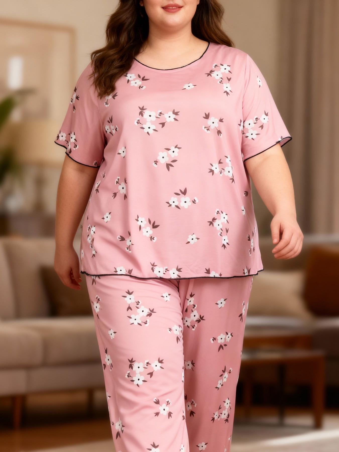 Women's Plus Size 2-Piece Pajama Set Loungewear, Loose-Fitting Short Sleeve Long Pants, All over Print, Casual Home Wear, All Seasons