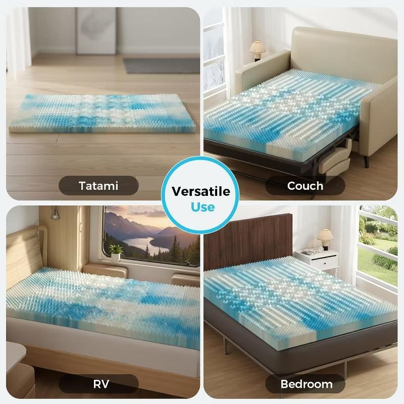 Cooling Gel Memory Foam Mattress Topper, Pressure Relieving 7-Zone Convoluted Design for Back Pain Relief, Breathable Ventilated Foam with Gradient Blue Color, Soft Supportive Mattress Pad for Better Sleep
