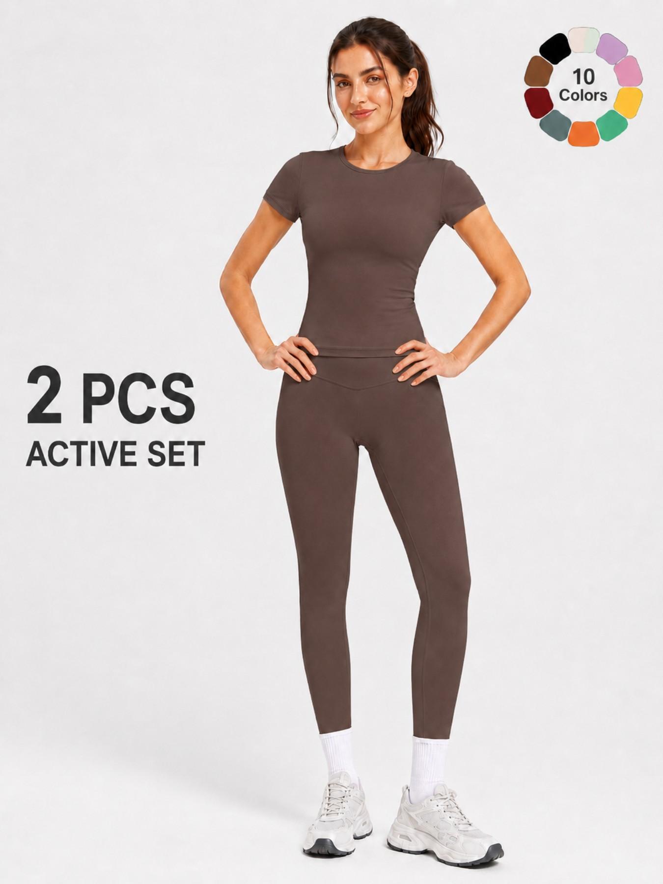 Women's 2 Piece Workout Outfit Sets, Short Sleeve Crew Neck Crop Top & High Waist Yoga Leggings, Casual Athletic Fitness Activewear Tracksuit