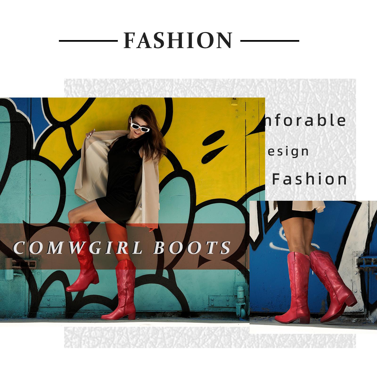 IUV Women's Western Cowboy Boots Pointy Toe Cowgirl Boots Mid Calf PU Leather Rubber Sole Classic Embroidery Design Comfortable Padded Lining